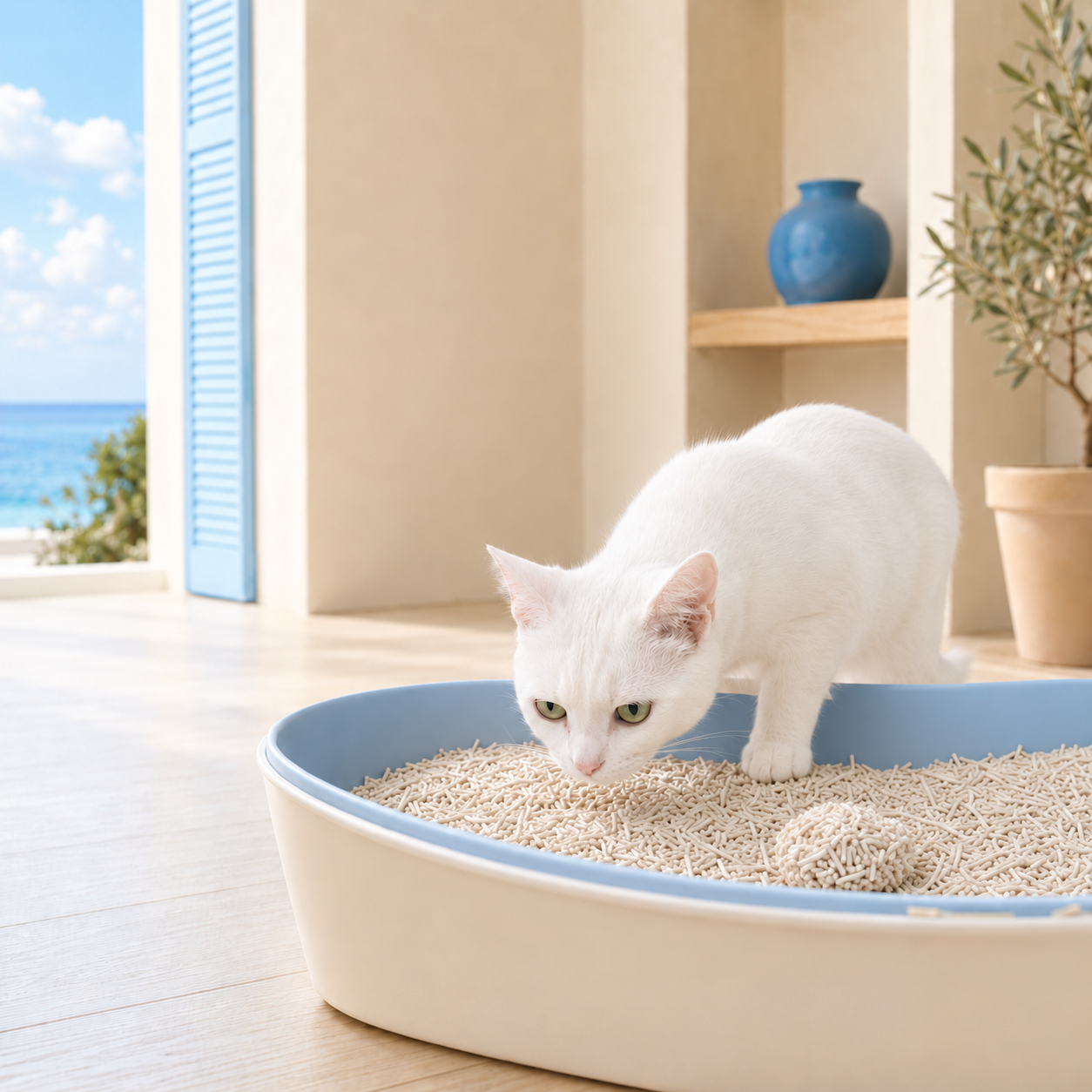 White cat Yoda inspecting fine tofu cat litter and a firm clump in the litter tray