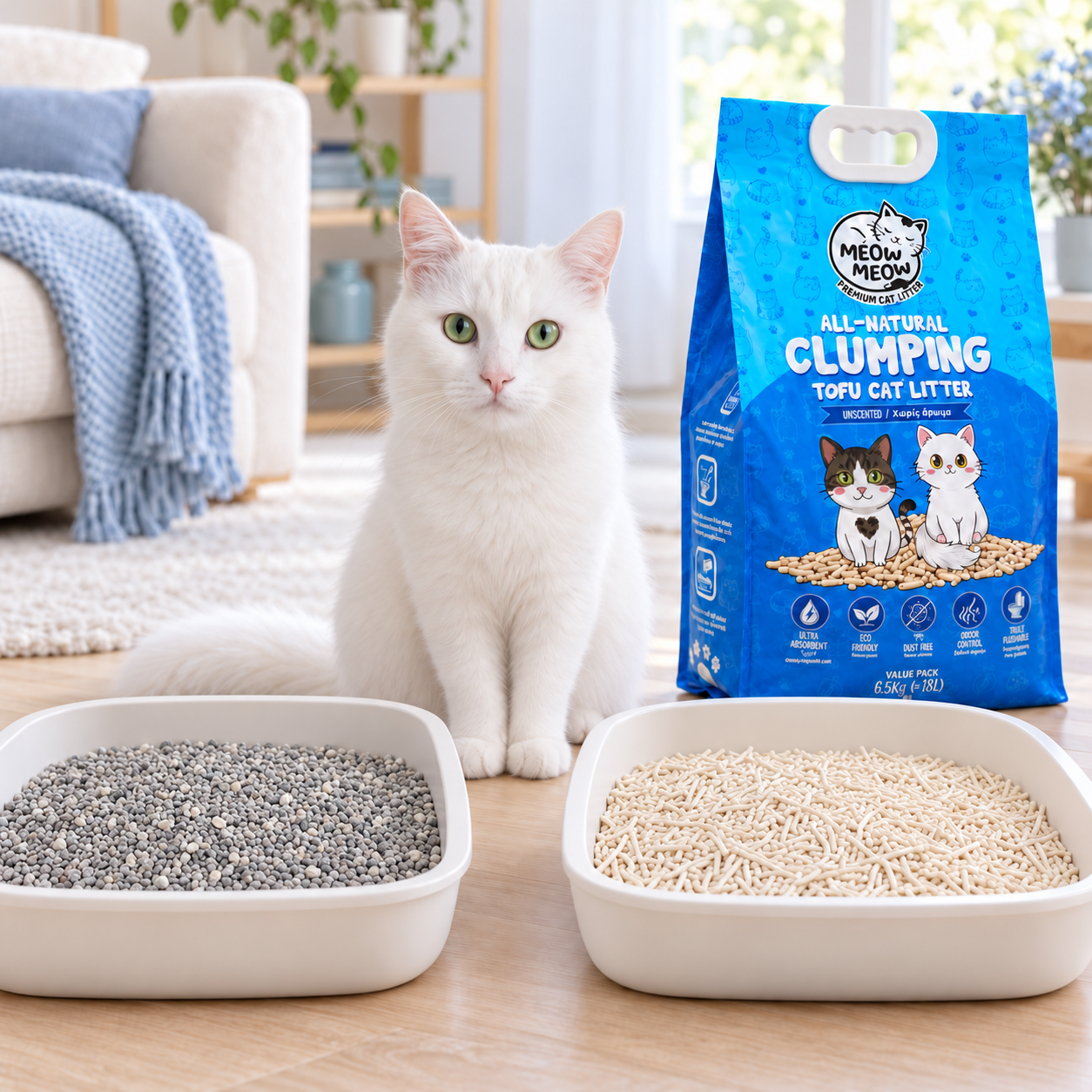 White fluffy cat beside an old clay litter tray and a new tray of Meow Meow tofu litter during a gradual switch