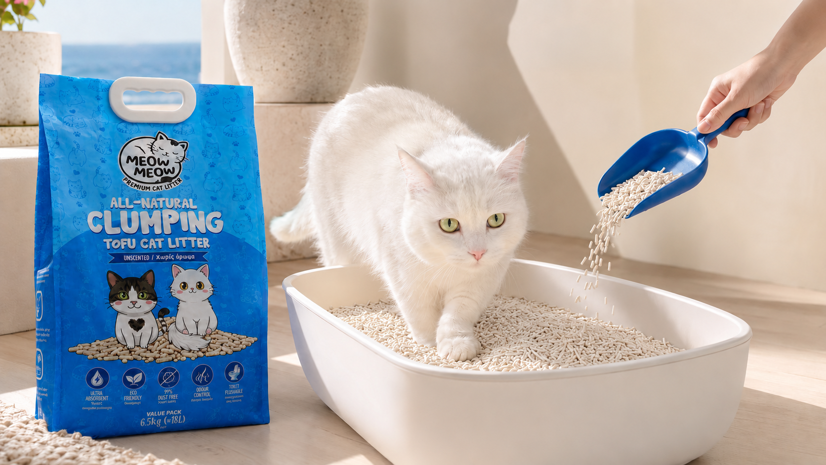 Yoda stepping into a litter tray as Meow Meow tofu cat litter is poured from a scoop