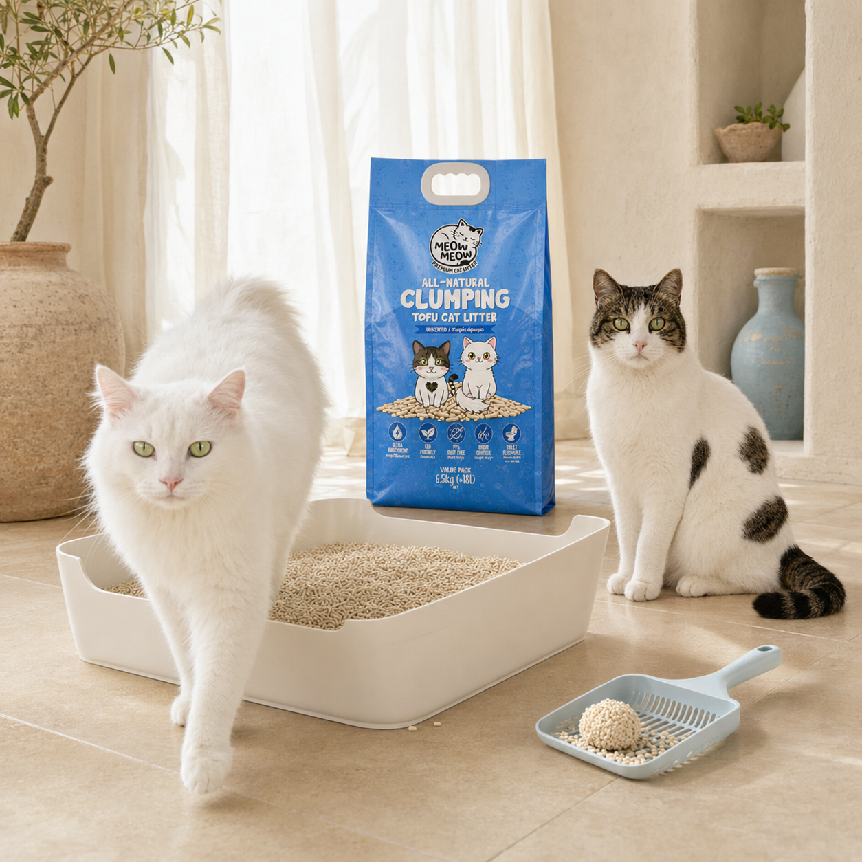 Yoda and Leia beside Meow Meow tofu cat litter, a filled litter tray and a firm clump on the scoop