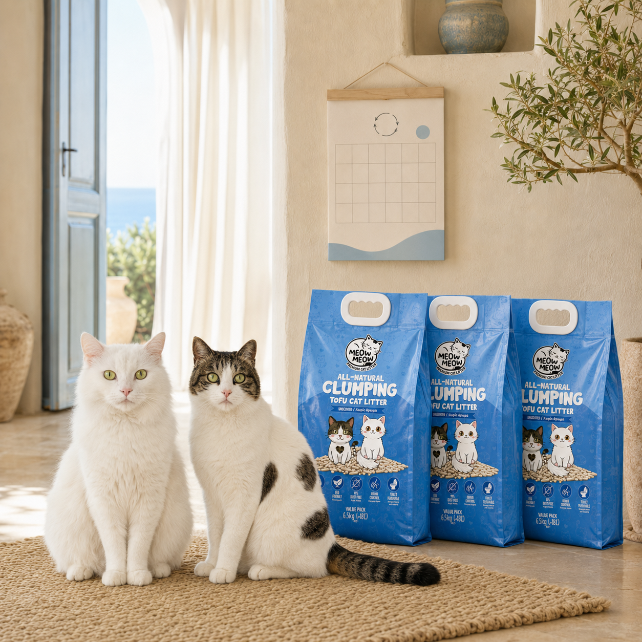 Yoda and Leia beside three bags of Meow Meow tofu cat litter for monthly subscription delivery