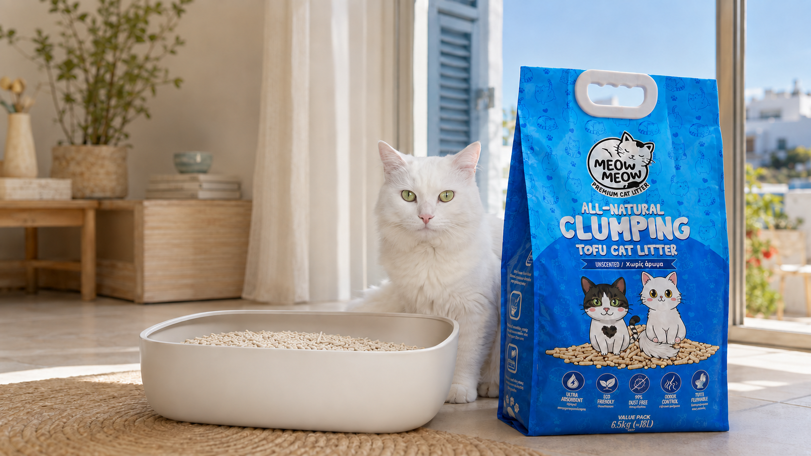 White cat Yoda beside a litter tray and Meow Meow tofu cat litter value pack