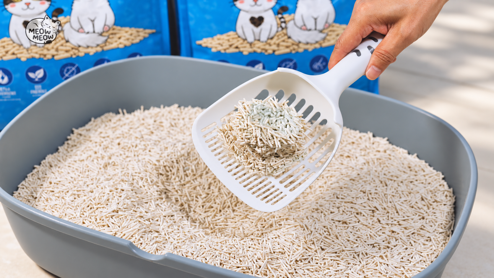 Firm clump of Meow Meow tofu cat litter lifted cleanly on a scoop