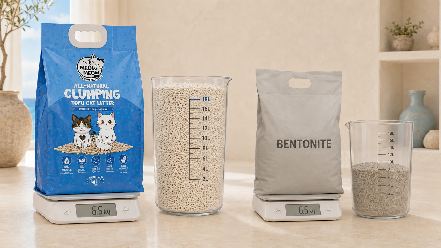 Equal-weight bags of tofu and bentonite cat litter compared by volume in litres
