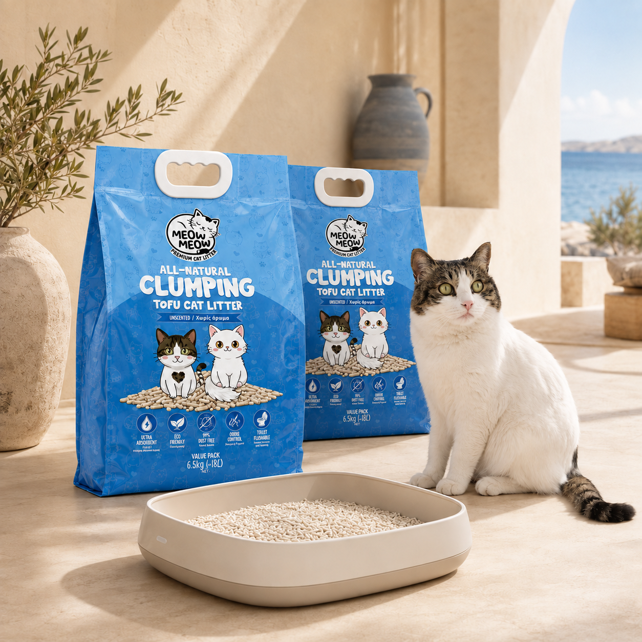 Meow Meow Premium Tofu Cat Litter – Unscented, 6.5 kg / 18 L