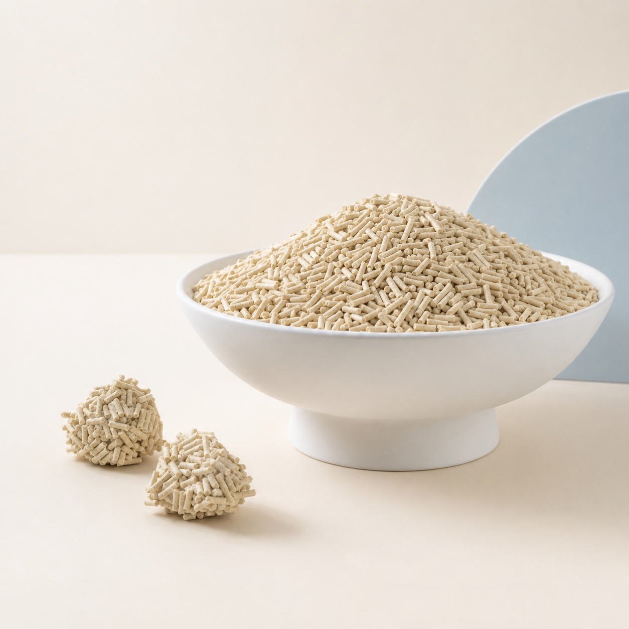 Fine tofu cat litter pellets and two compact clumps beside a filled bowl