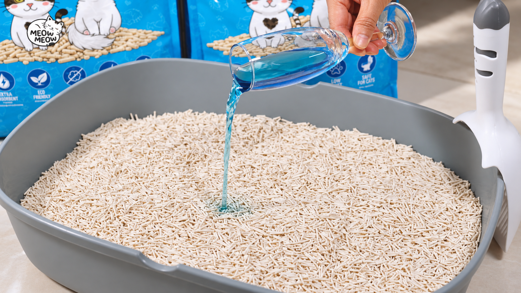 Liquid being poured into fine tofu cat litter to demonstrate rapid absorption