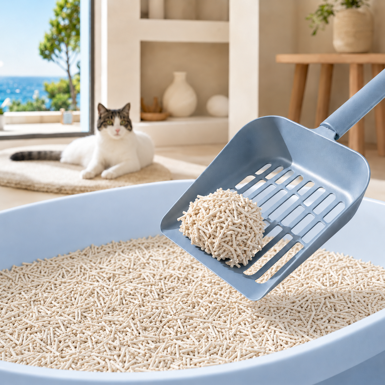 Firm clump of tofu cat litter lifted cleanly from the tray on a blue scoop