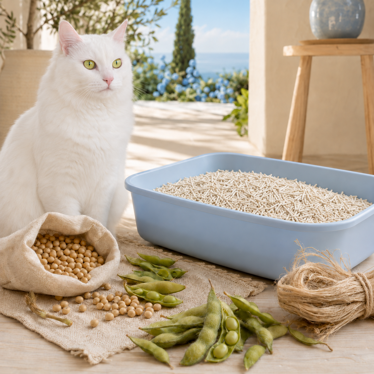 Plant-based Meow Meow tofu cat litter made primarily from soybean fibres