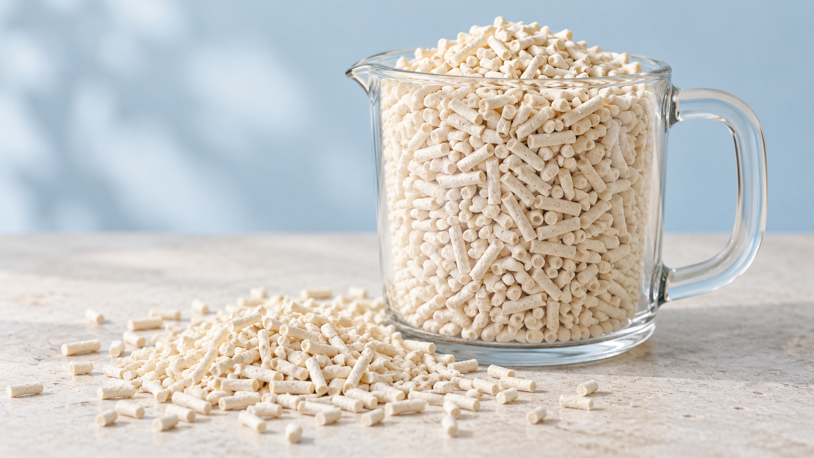 Ivory tofu cat litter pellets in a clear glass jug, with loose pellets on a cream surface
