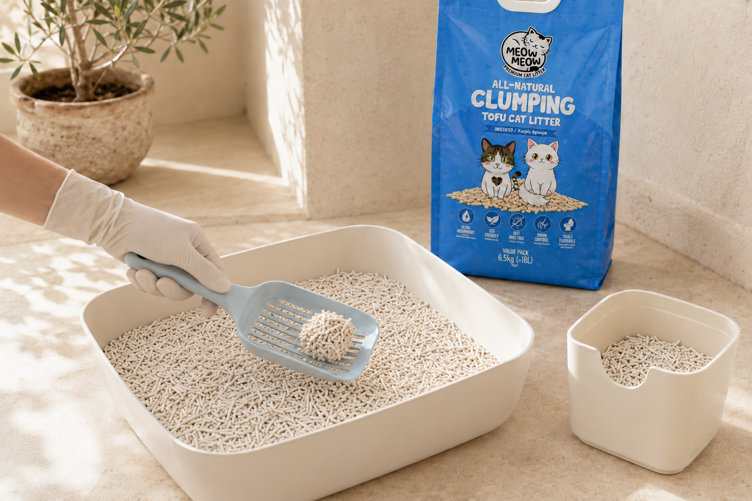 Firm clump of Meow Meow tofu cat litter being removed during daily tray cleaning