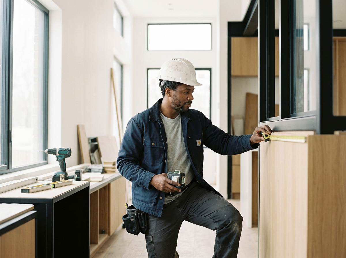 A man wearing a construction helmet and work clothes is measuring a wooden structure inside a bright room with large windows.