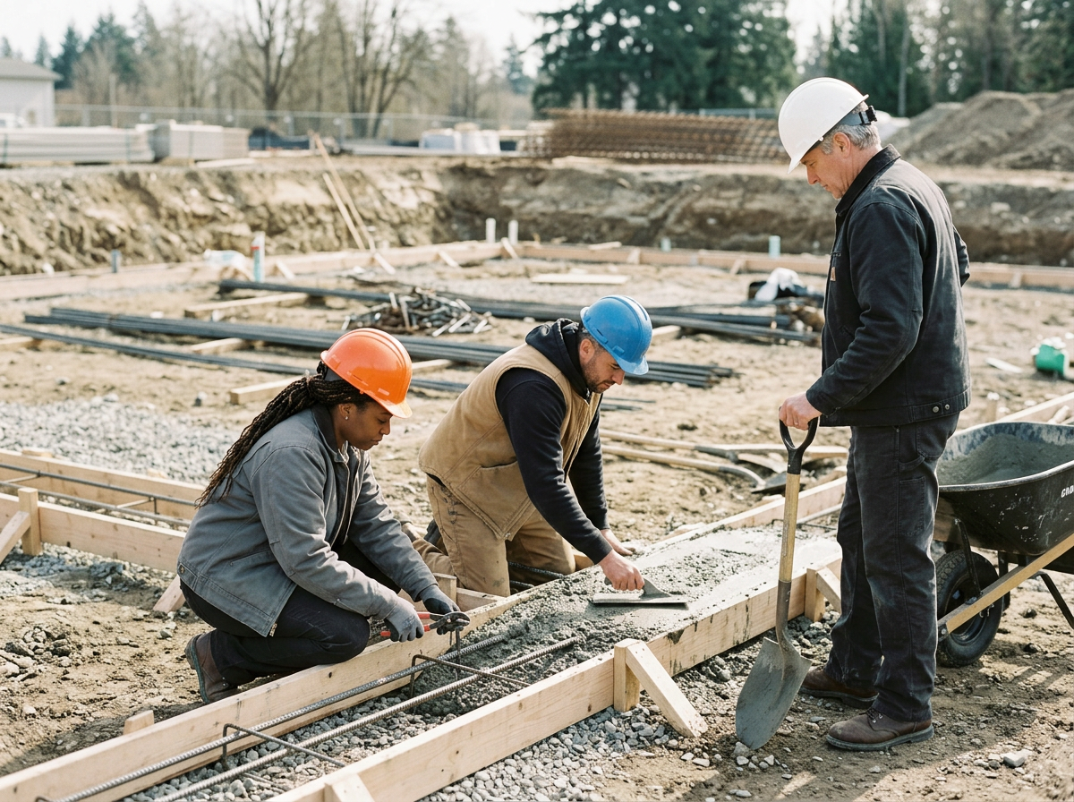 Three construction workers, two men and one woman, wearing safety helmets and work clothes, are laying concrete in a wooden frame at a building site.