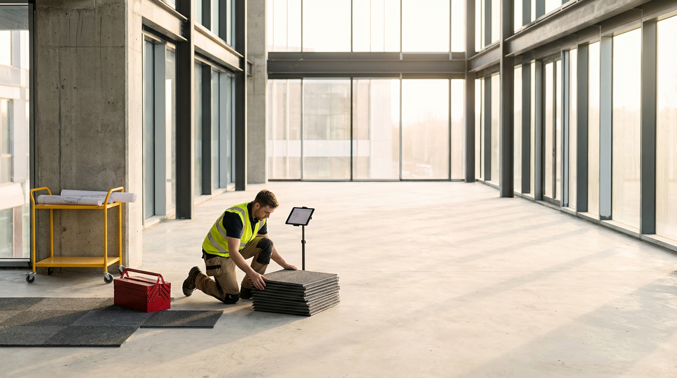 A man in a yellow safety vest kneeling on the floor, stacking black tiles in a bright, spacious, empty room with large glass windows.
