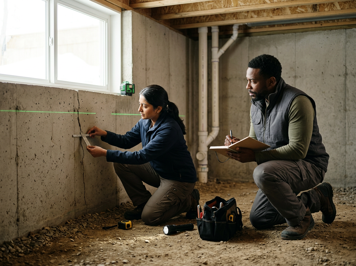 Two construction workers, a man and a woman, kneeling inside a building under construction. The woman is measuring a crack in the concrete wall near a window, while the man is taking notes. Construction tools and a toolbox are on the ground.