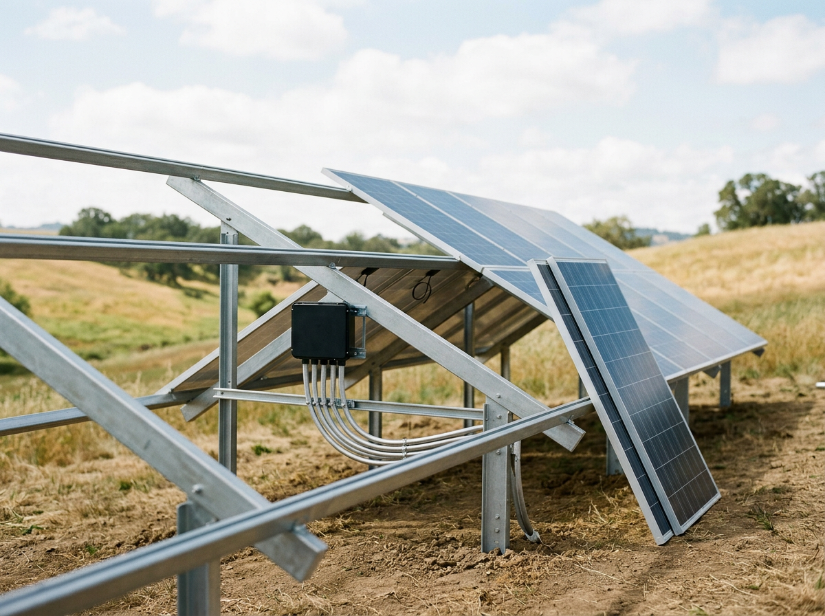 Solar panels installed on a metal framework in an open field with grassy hills and a blue sky with clouds in the background.