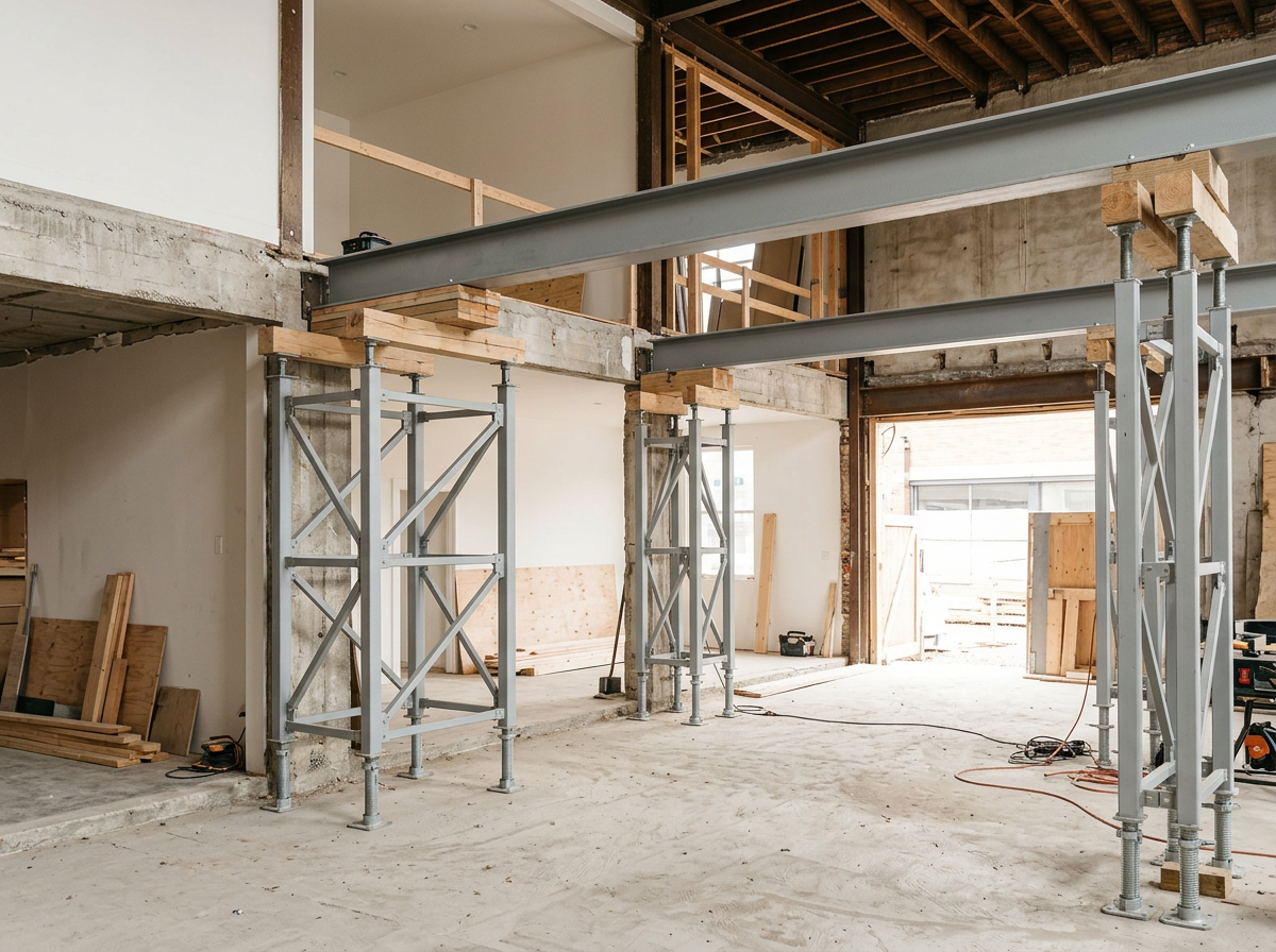 Interior of a house under construction with exposed wooden beams, metal scaffolding, and unfinished walls and floors.