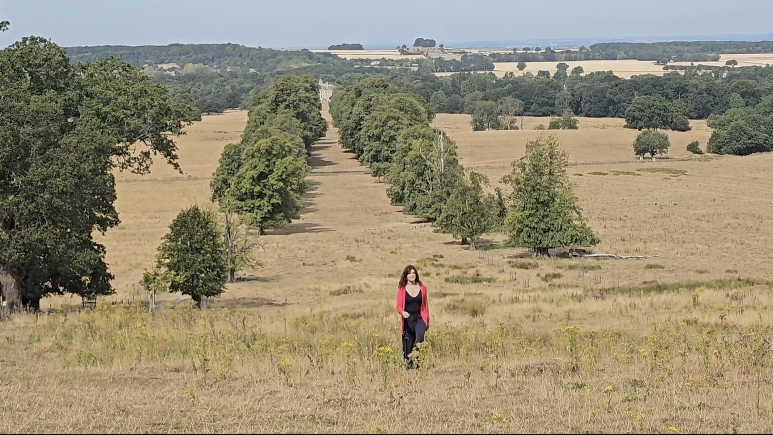Katie walking uphill through a landscape with a long tree-lined avenue behind her.