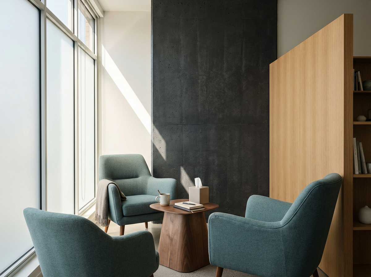 A cozy indoor sitting area with three teal armchairs, a small wooden coffee table, and a book, mug, tissue box, and notepad on it. Large windows let in natural light, and there is a textured dark wall with a wooden room divider and bookshelf in the background.