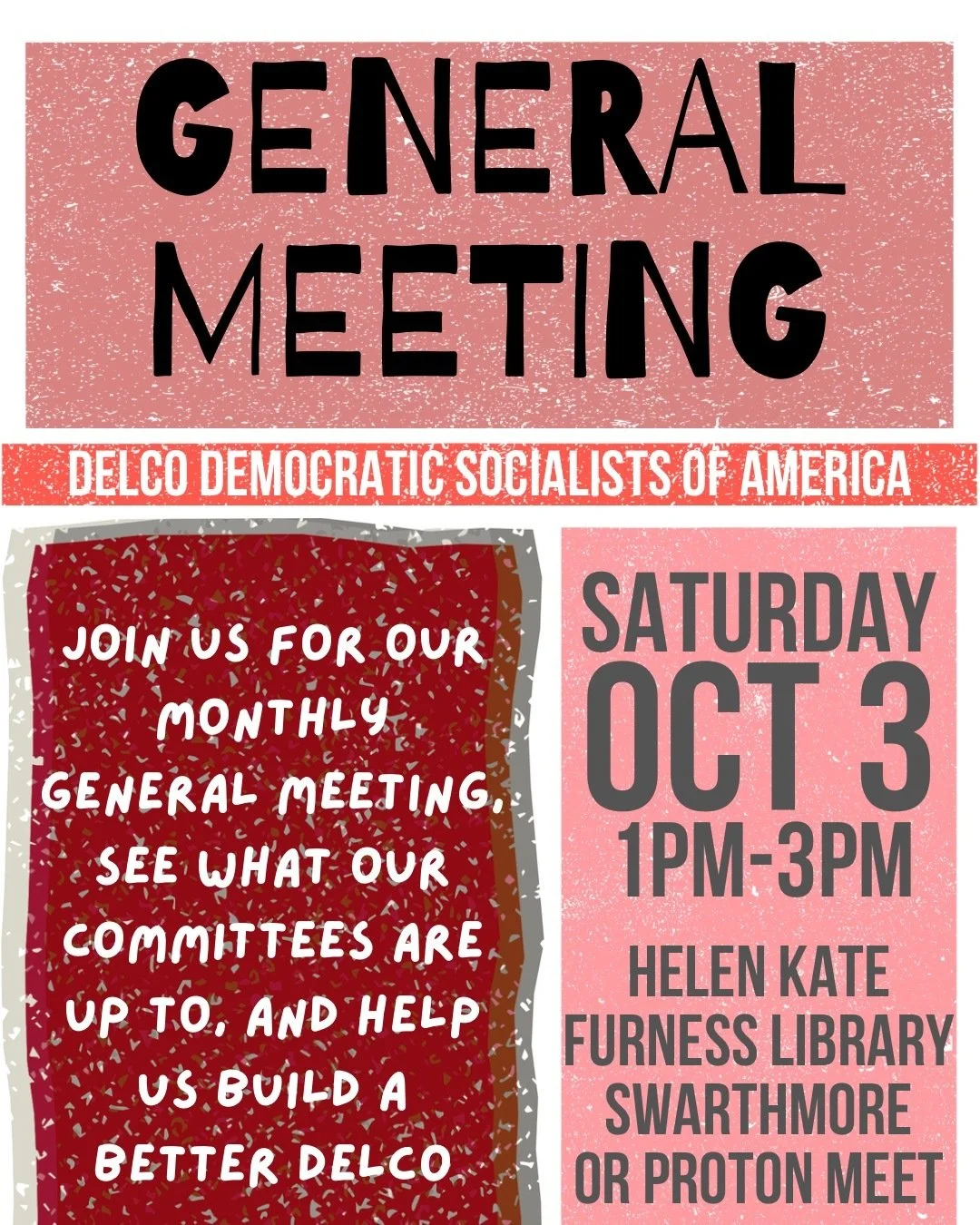 Whether you&rsquo;re already a member or just want to find out what the DSA is all about, join us this Saturday! We&rsquo;ll talk about mutual aid, upcoming elections, and other ways to get involved. 

Can&rsquo;t make it? All of our meetings are hyb