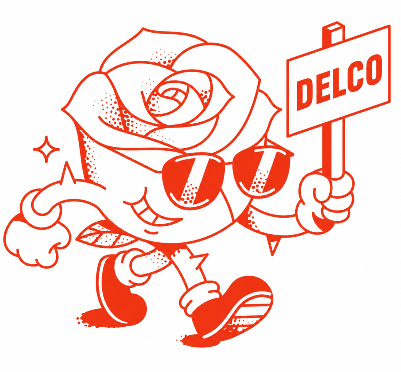 A cartoon character with a rose for a head, wearing sunglasses, sneakers, and a leg band, holding a sign that reads 'DELCO' in a cheerful pose.