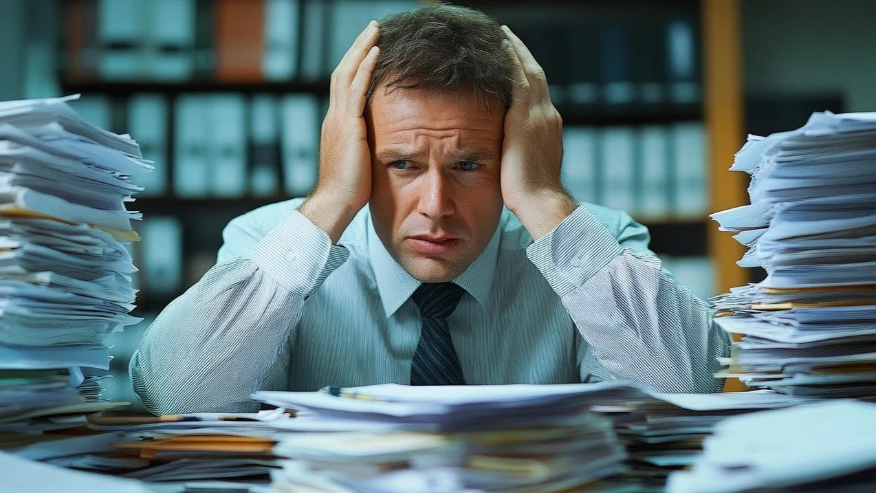 A stressed man with brown hair, dressed in a light blue shirt and dark tie, sitting at a cluttered desk surrounded by stacks of papers, holding his head with both hands.