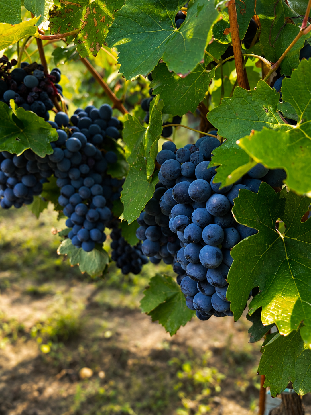 grappoli di uva blu scuro su una vite con foglie verdi