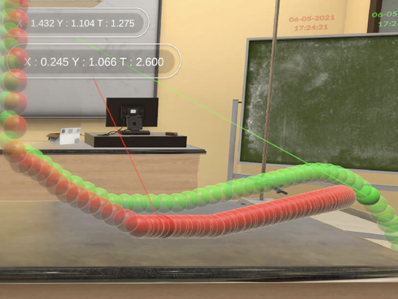 A screenshot from Edify's projectile physics VR app. It shows a classroom with two trails of projectiles, coloured red and green