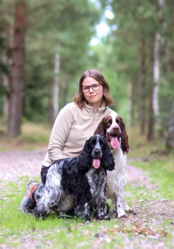 A woman with shoulder-length brown hair and glasses kneels on a forest trail, smiling with two English Springer Spaniel dogs, one black and white and the other brown and white, both with their tongues out. The background is a dense, green forest with the path lined by trees.