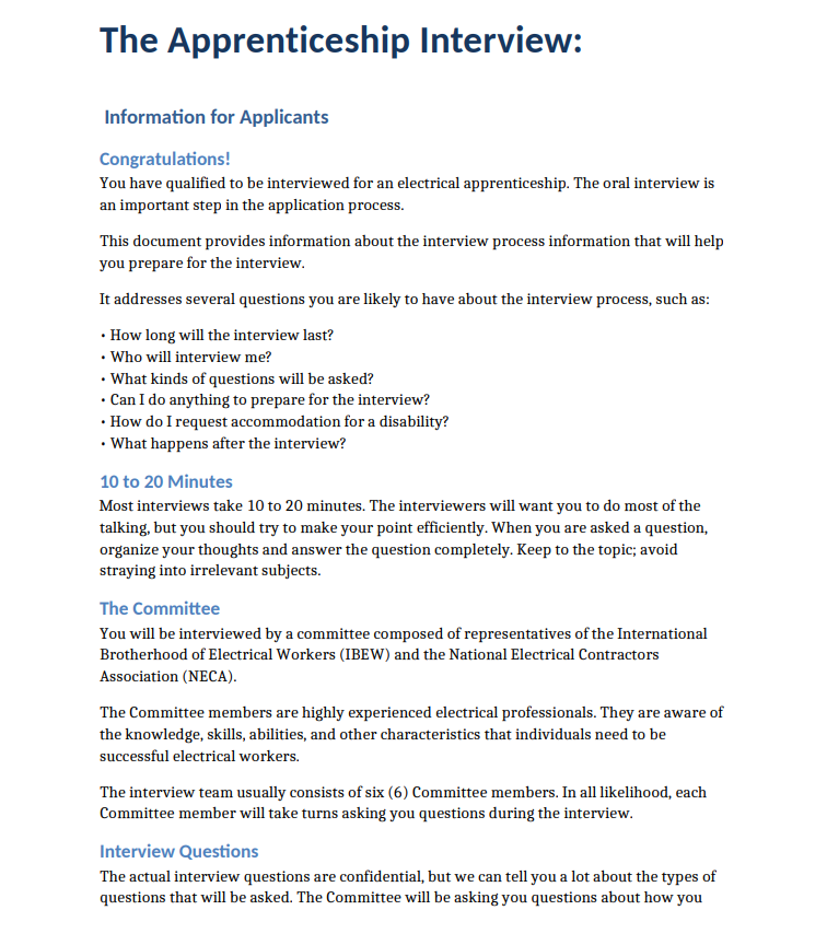 A screenshot of a document titled 'The Apprenticeship Interview' providing guidance for applicants on preparing for an electrical apprenticeship interview, including interview duration, questions to expect, and details about the interview committee.