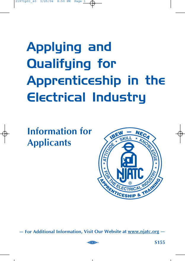 Cover page of a publication titled 'Applying and Qualifying for Apprenticeship in the Electrical Industry'. It features the NJATC logo, a seal with a helmeted worker, and includes a website link for more information.