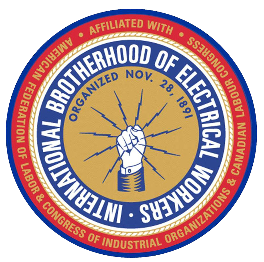 Seal of the International Brotherhood of Electrical Workers, featuring a clenched fist with lightning bolts, organized date November 28, 1891.