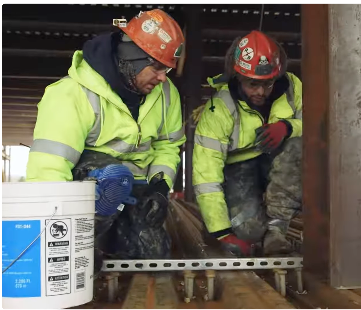Two construction workers wearing yellow safety jackets and red helmets are working on a construction site, inspecting or working on a large wooden beam. One worker is holding a tool, and the scene appears to be inside a building under construction.