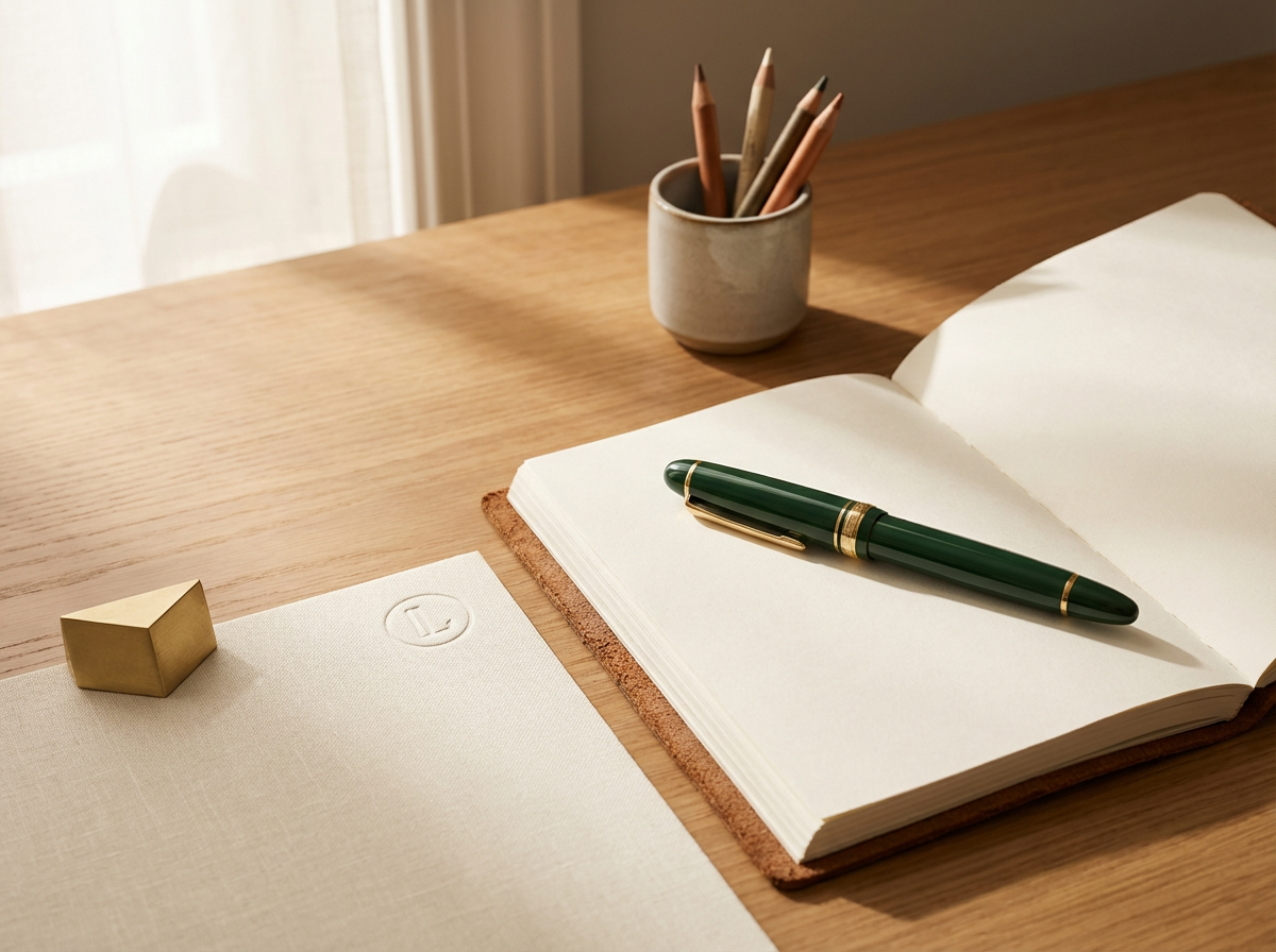 Open blank notebook with a green pen on top, a set of colored pencils in a ceramic cup, a gold paperclip, and an embossed logo on a beige folder on a wooden desk.