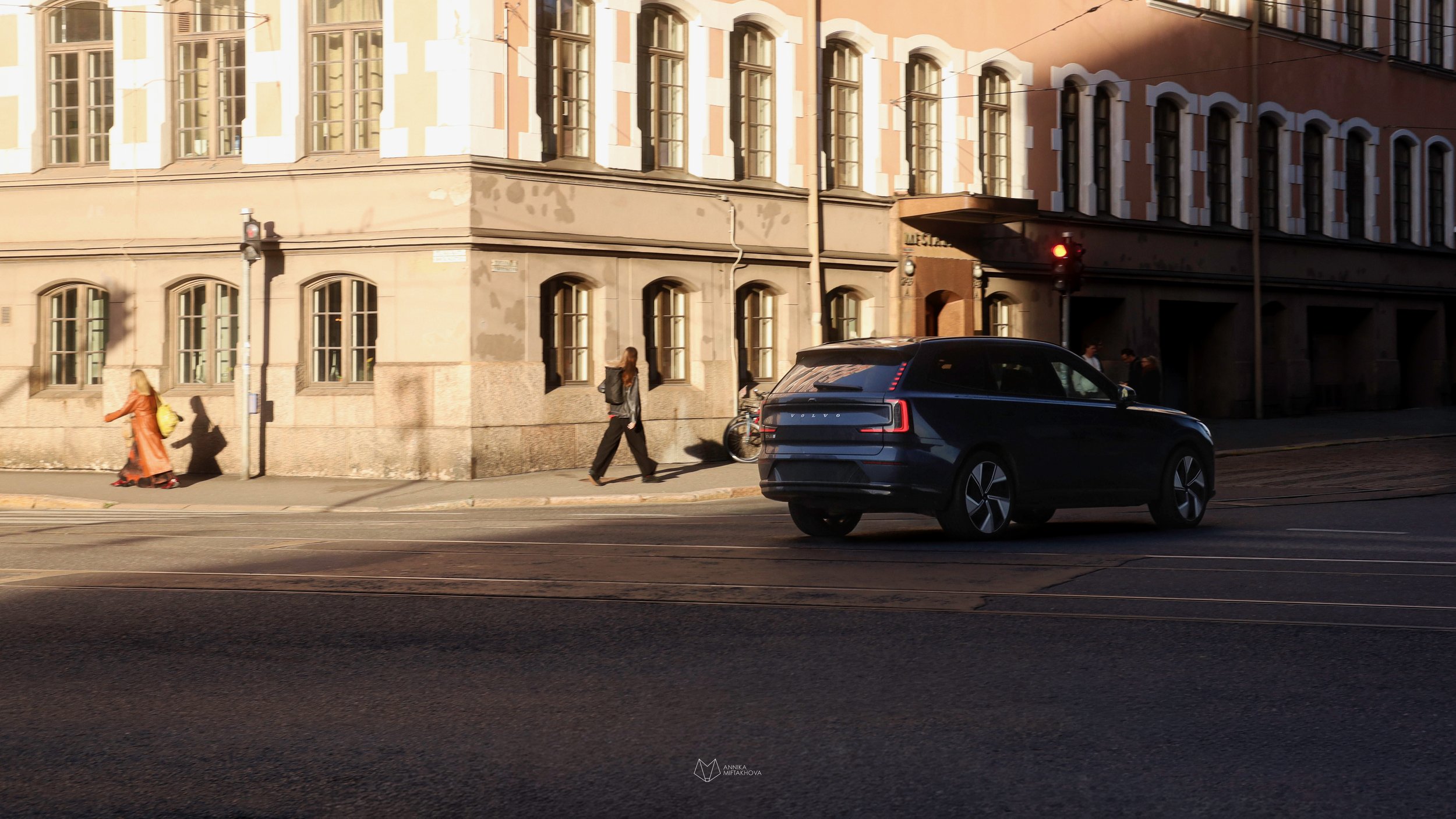 Blue Volvo EX90 photographed in city streets of Helsinki by Annika TheVolvoGirl Miftakhova 