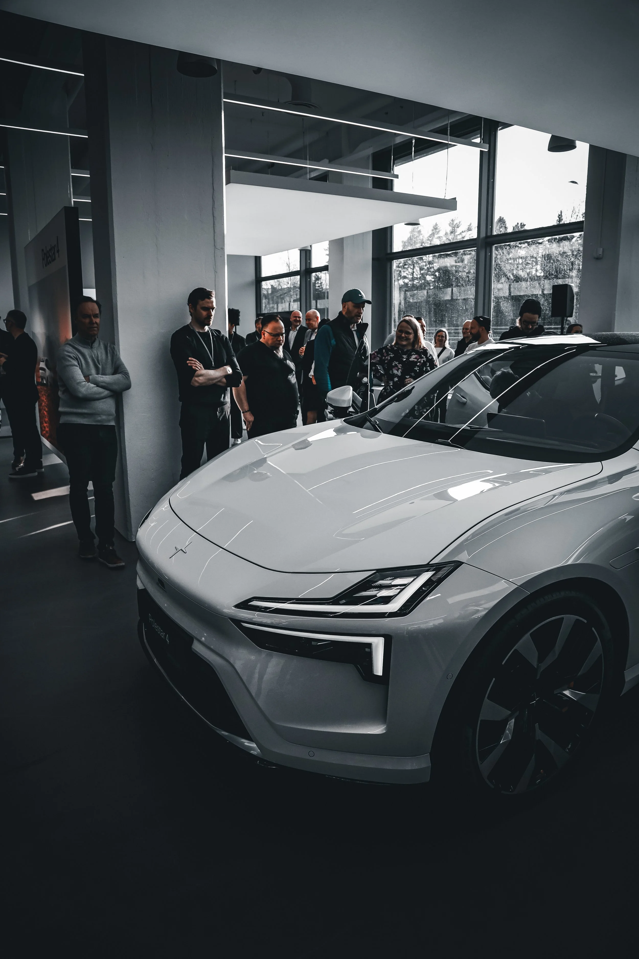 Nose of White Polestar 4 as centre of attention at launch party, photographed in Helsinki by Annika TheVolvoGirl Miftakhova