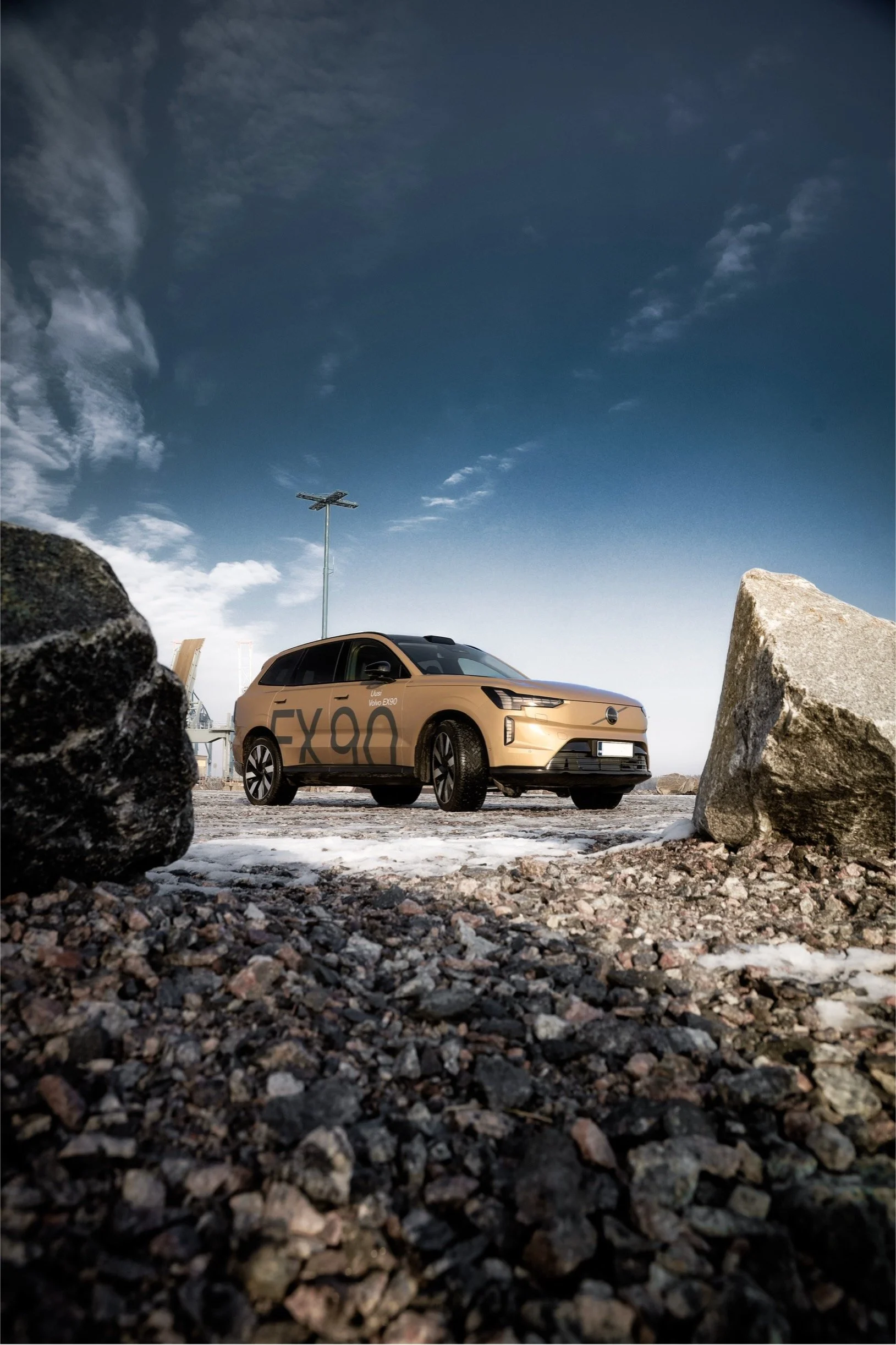 Beige Volvo EX90 photographed in open harbour area in Helsinki, Finland by Annika TheVolvoGirl Miftakhova