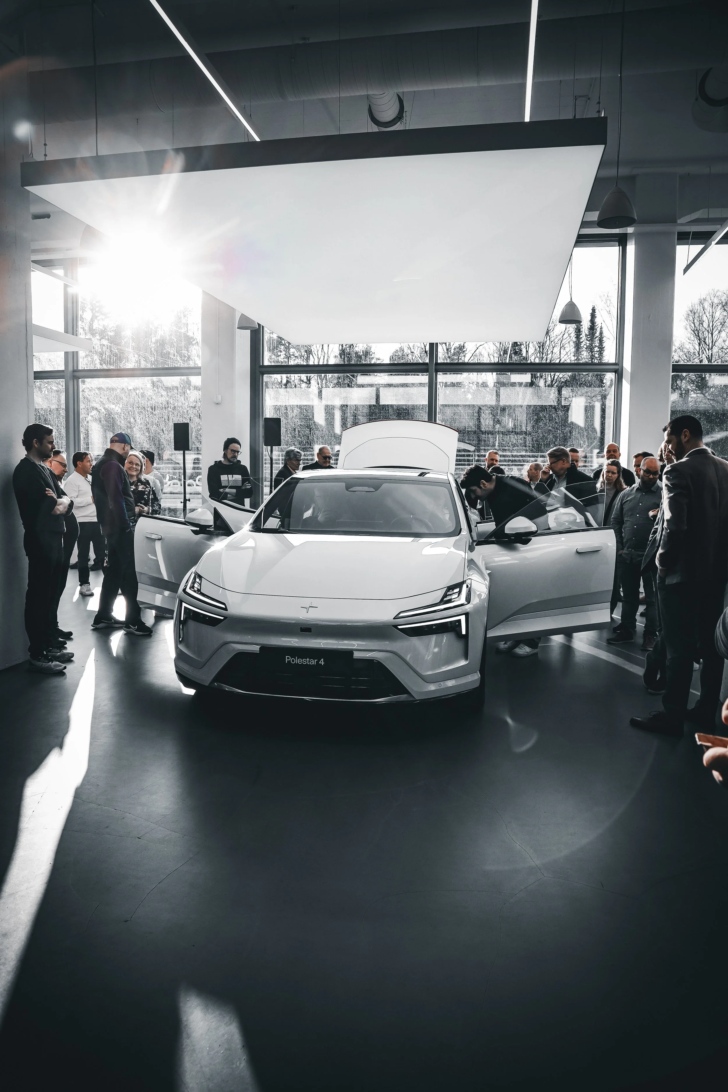 White Polestar 4 as centre of attention at launch party, photographed in Helsinki by Annika TheVolvoGirl Miftakhova