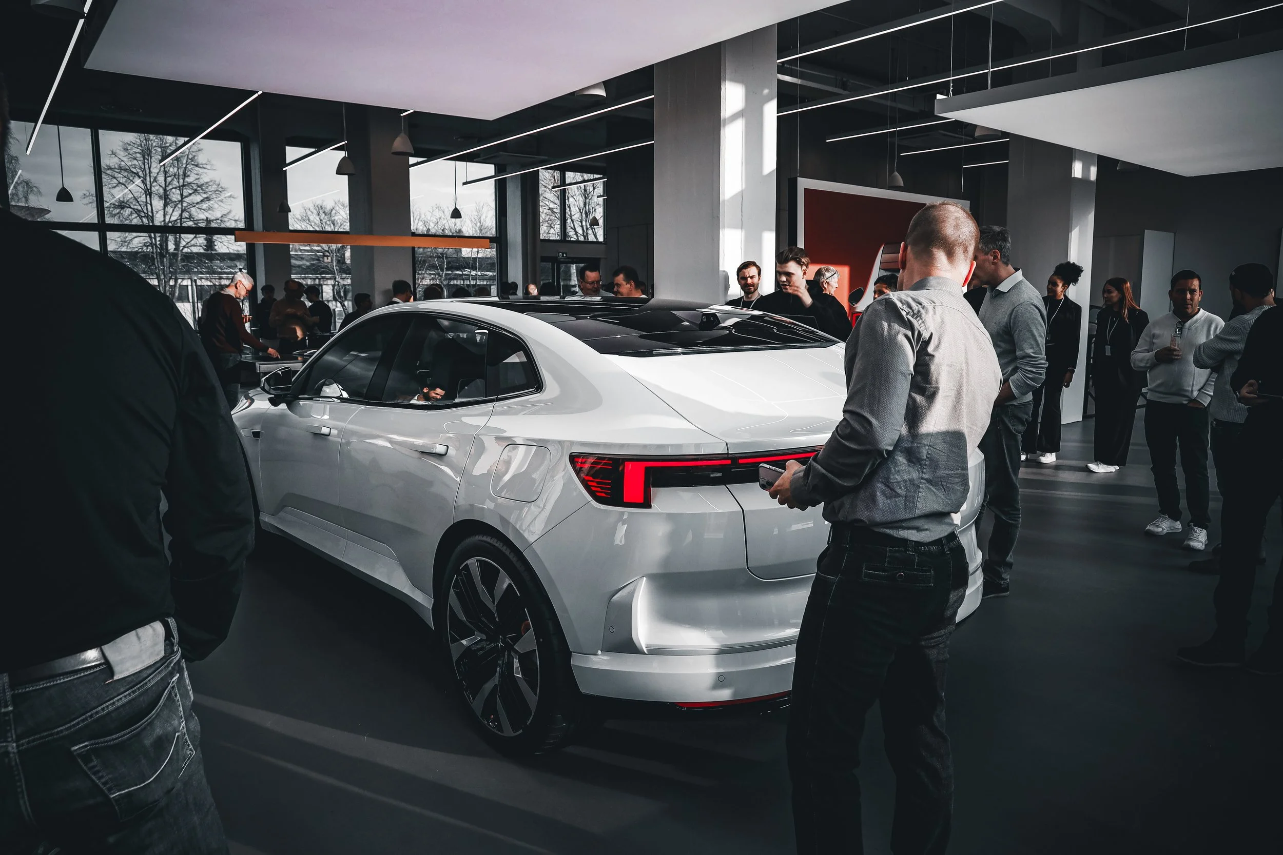 Rear of White Polestar 4 as centre of attention at launch party, photographed in Helsinki by Annika TheVolvoGirl Miftakhova