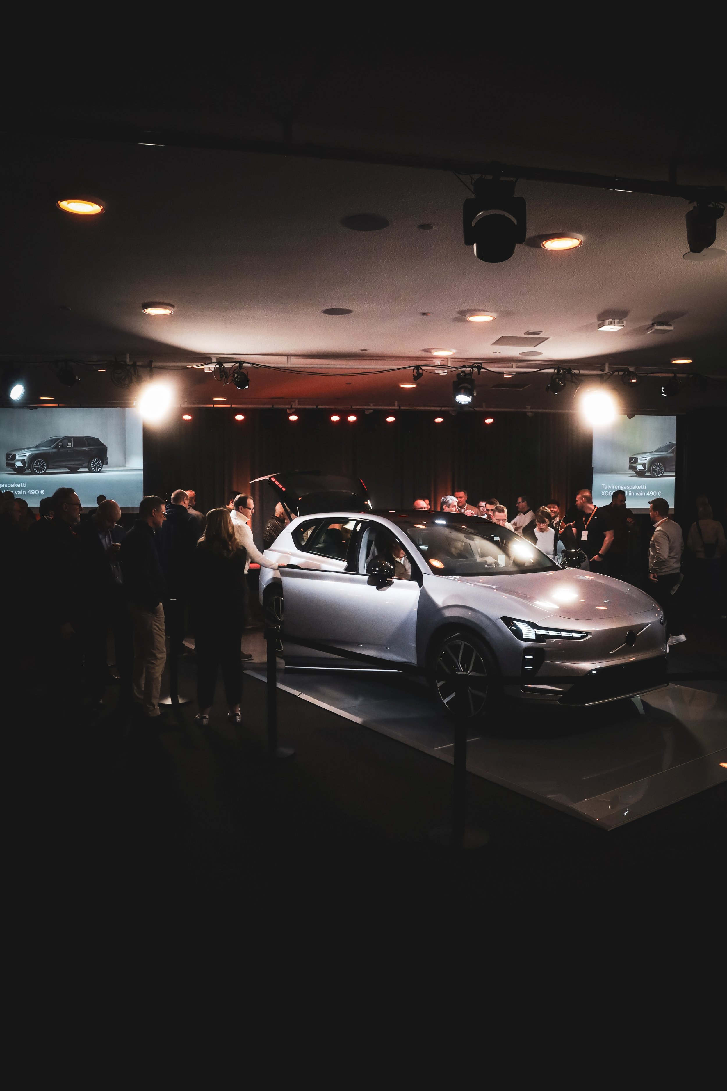 Silver Volvo EX60 in the centre of attention at Finlandia Hall in Helsinki, Finland photographed by Annika TheVolvoGirl Miftakhova