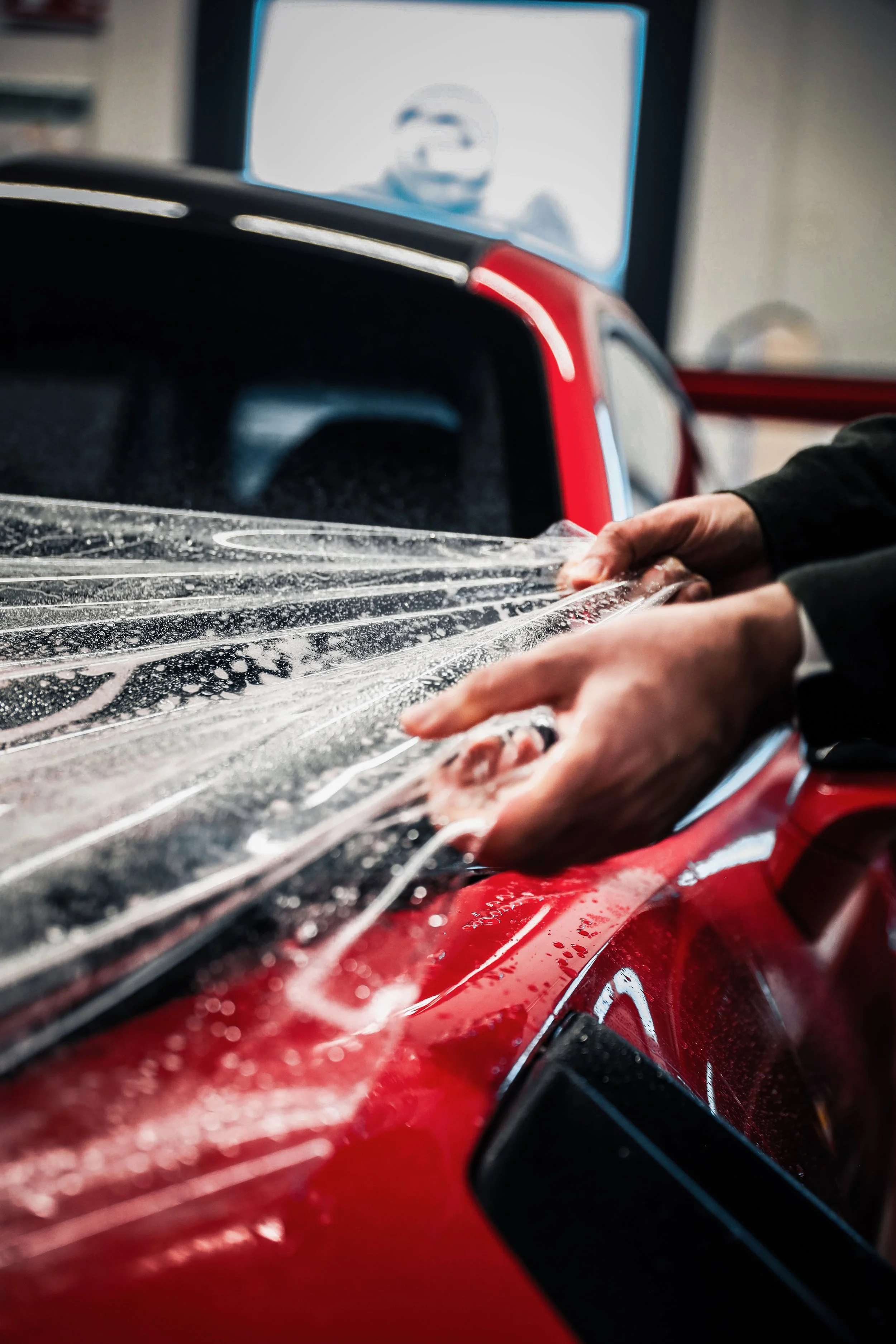 Wrapster workers stretch and place Paint Protection Film to the Red Porsche GT3 RS in Örebro, Sweden, photographed by Annika TheVolvoGirl Miftakhova.