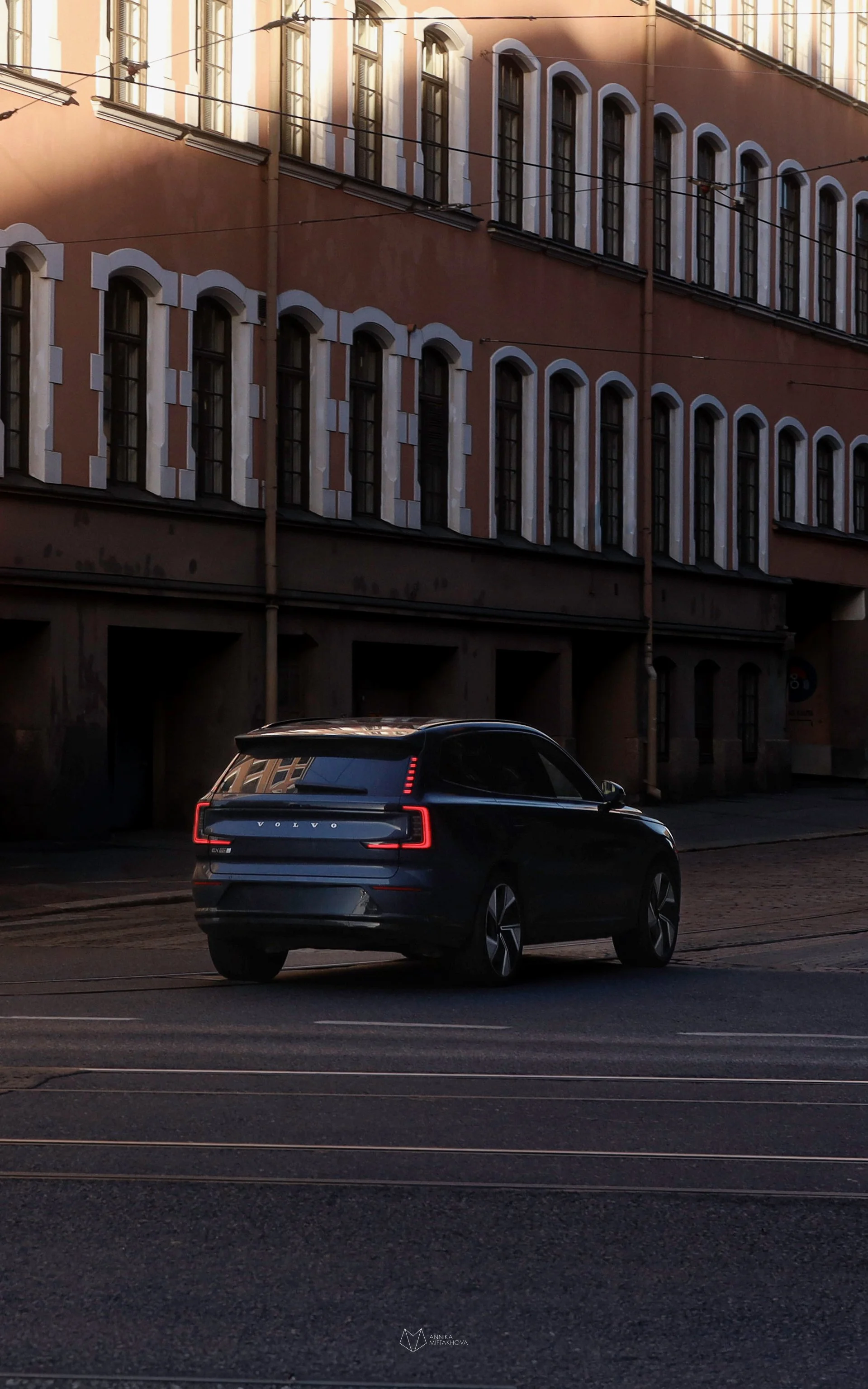 Blue Volvo EX90 photographed in city streets of Helsinki by Annika TheVolvoGirl Miftakhova 