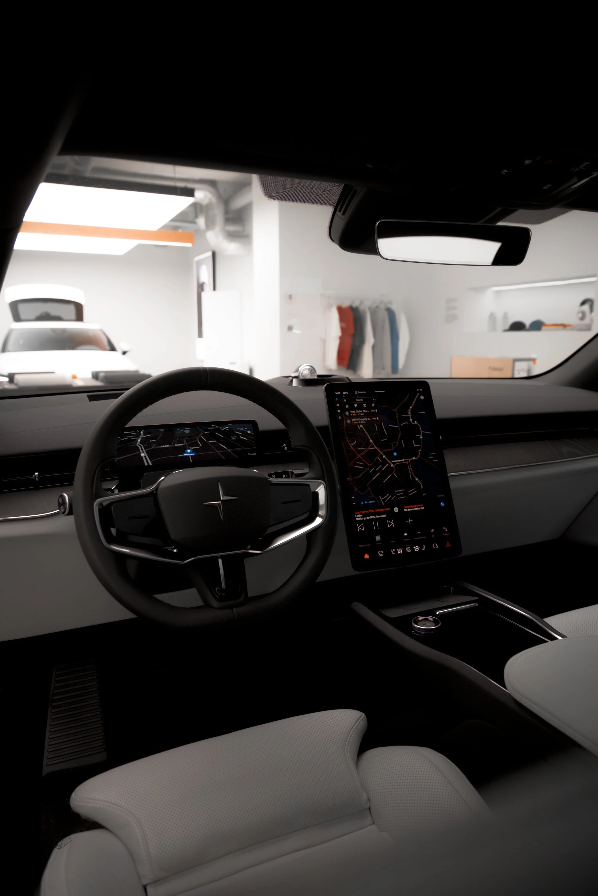 Driver view of Polestar 3 in pop-up Polestar Space in central Helsinki, photographed by Annika Miftakhova
