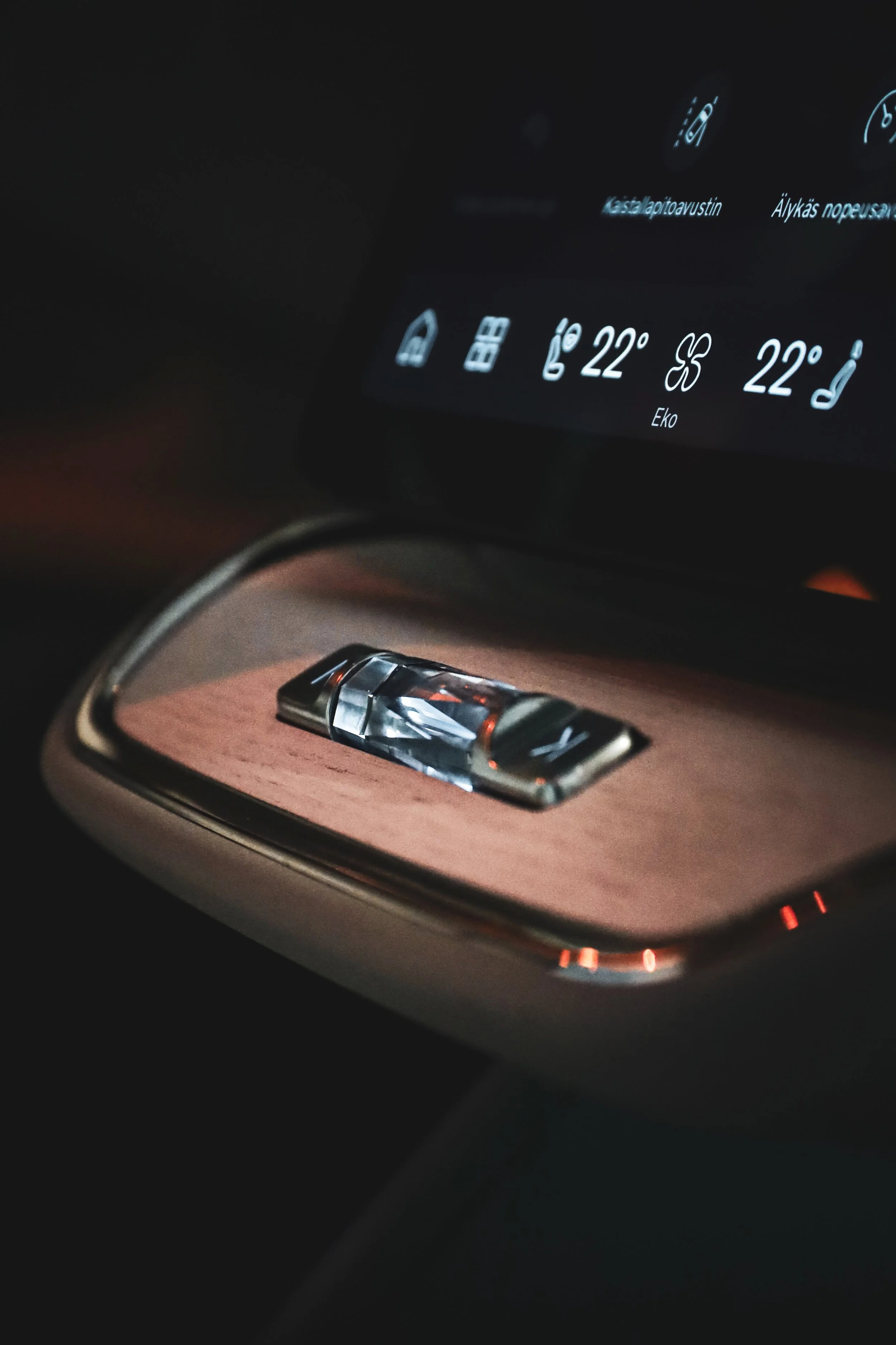 Details of the central screen of Silver Volvo ES90 at Finlandia Hall in Helsinki, Finland photographed by Annika TheVolvoGirl Miftakhova