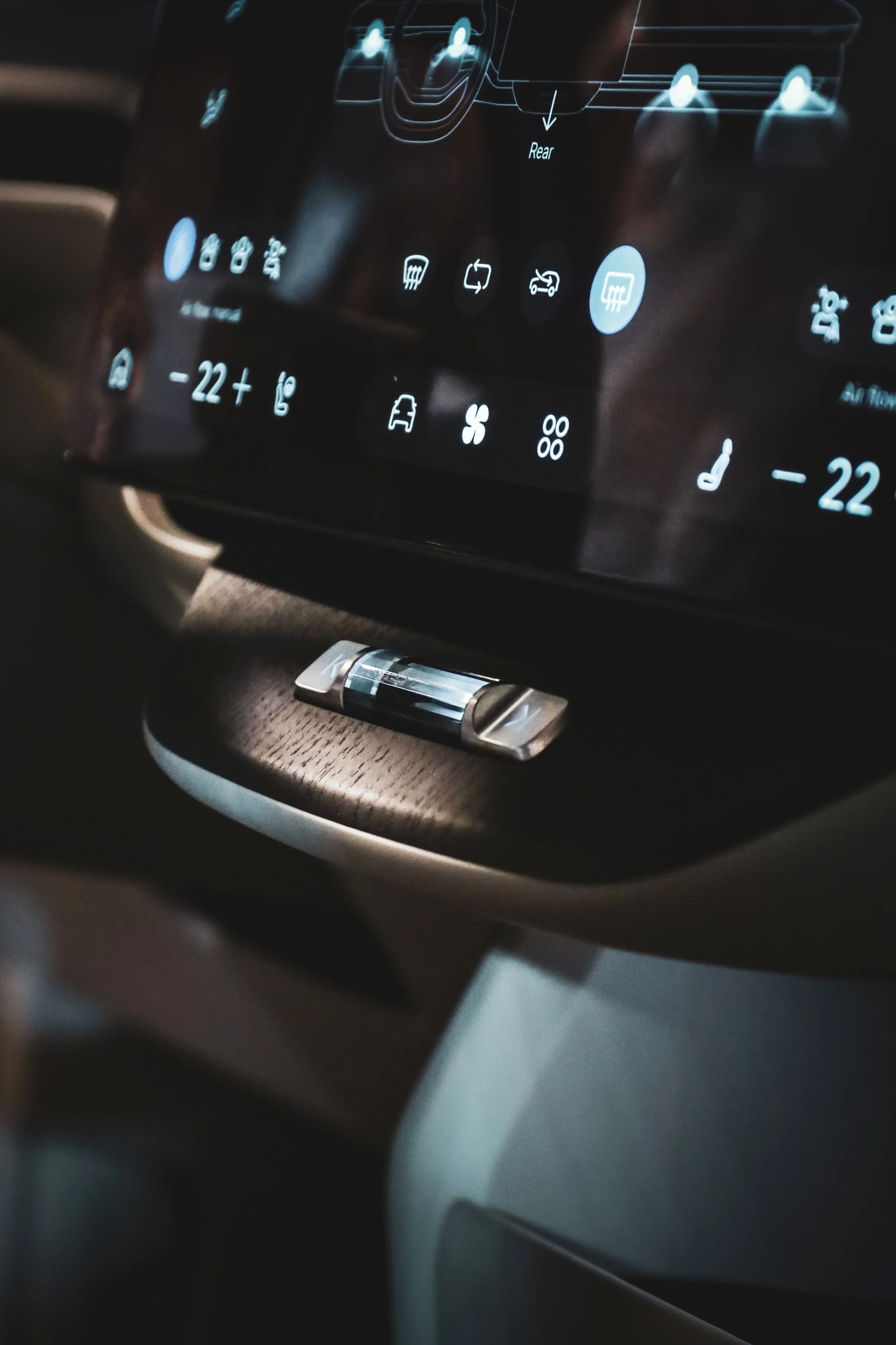 Details of the central screen of Silver Volvo EX60 at Finlandia Hall in Helsinki, Finland photographed by Annika TheVolvoGirl Miftakhova