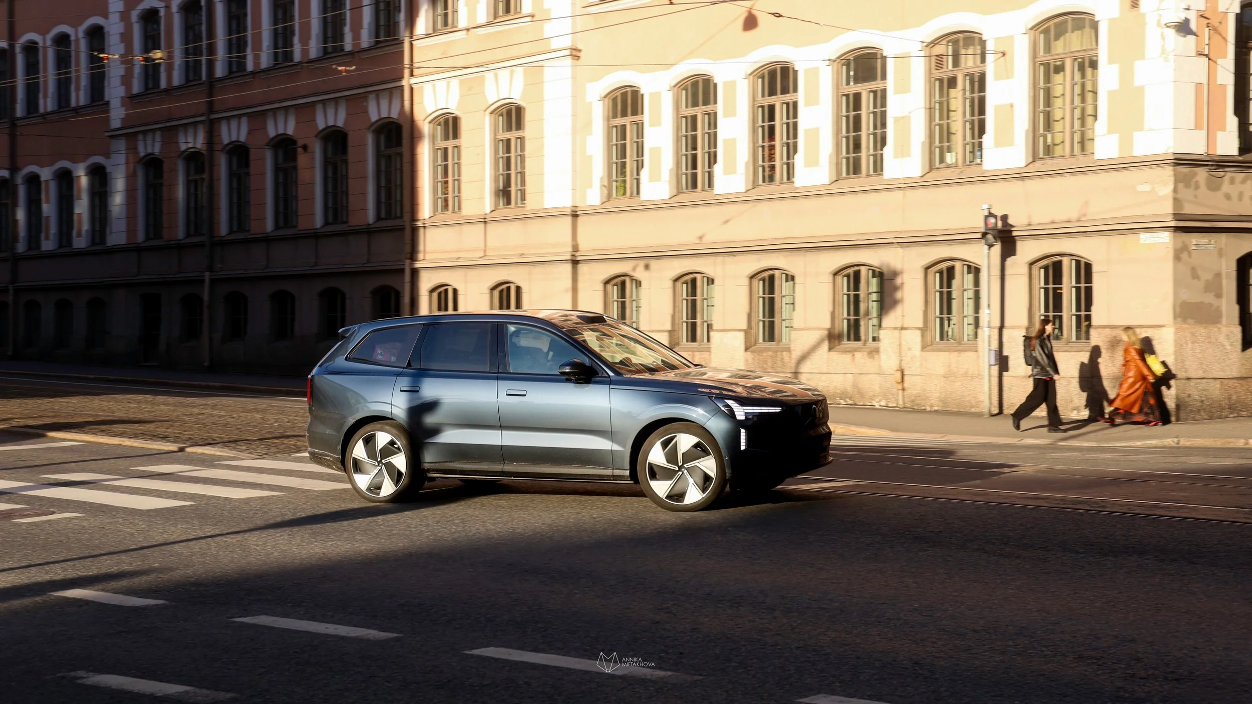 Blue Volvo EX90 photographed in city streets of Helsinki by Annika TheVolvoGirl Miftakhova 