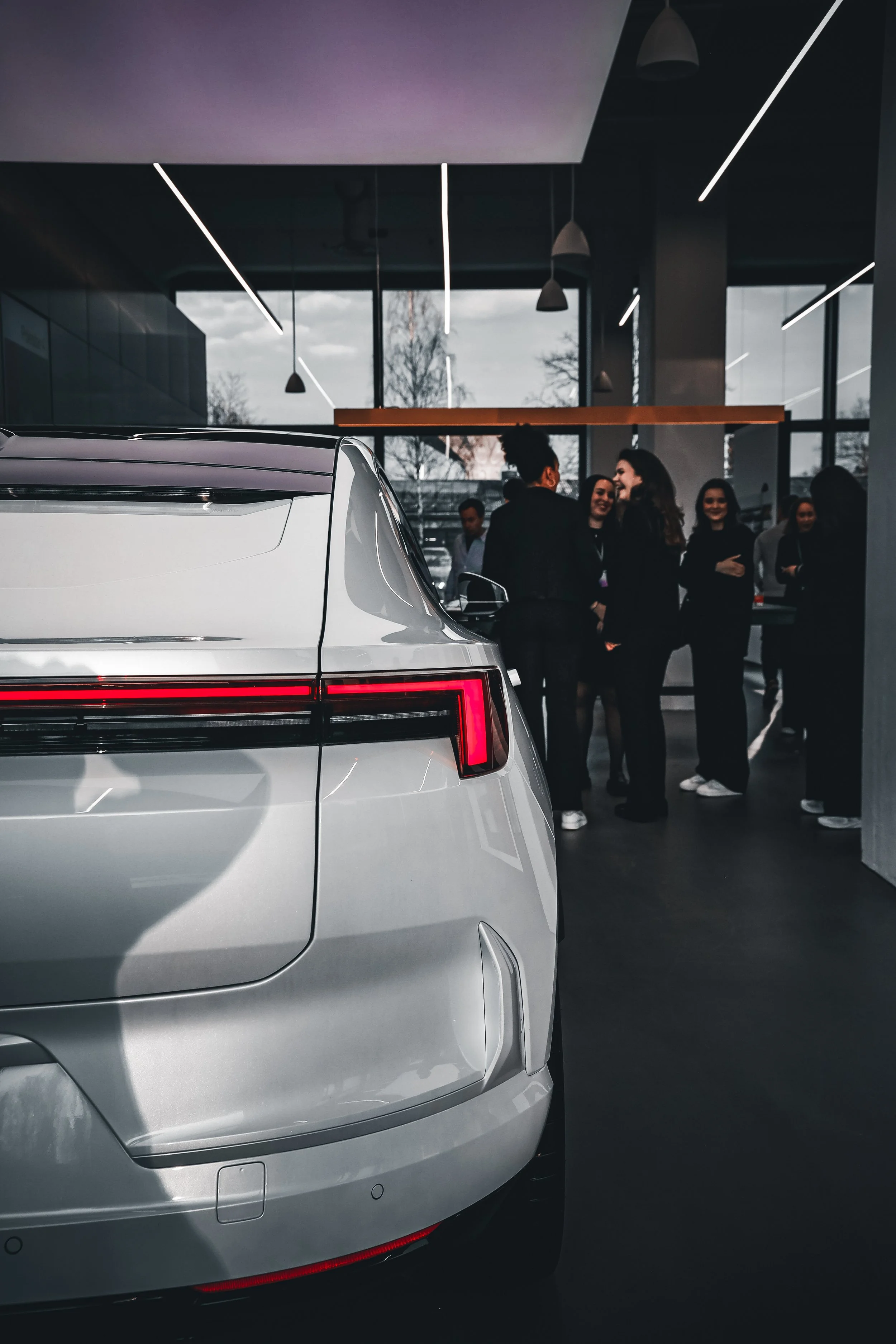 Rear of White Polestar 4 as centre of attention at launch party, photographed in Helsinki by Annika TheVolvoGirl Miftakhova