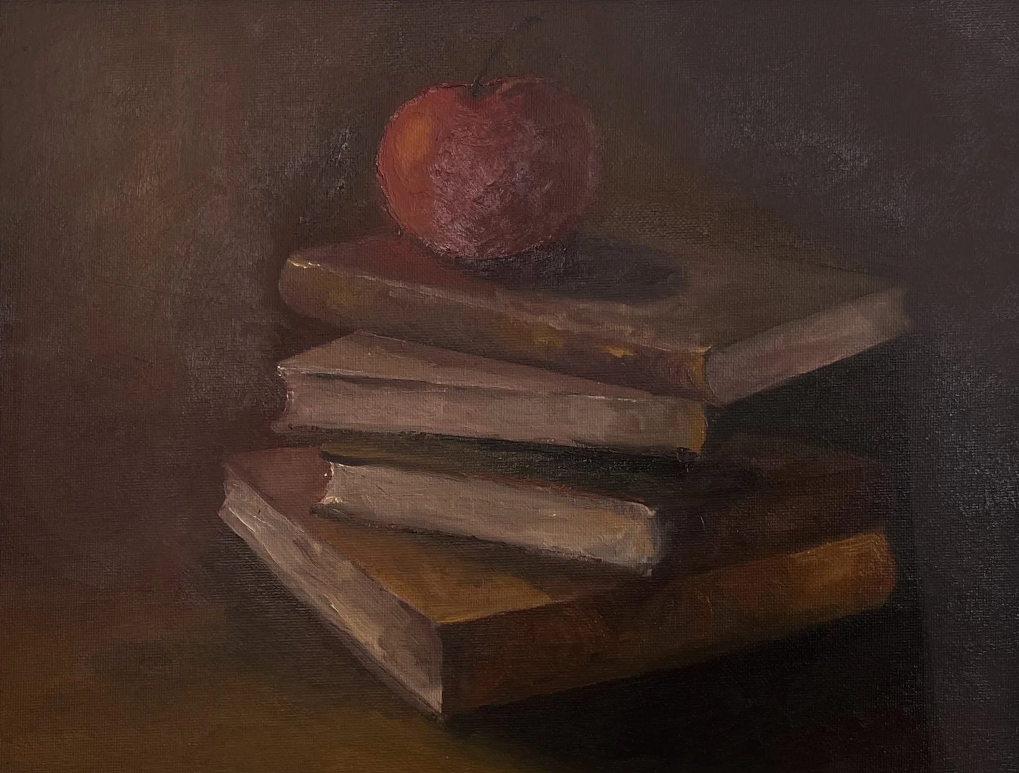 'Books with Apple' /  Oils on board  /  32 x2 5cm  / £550