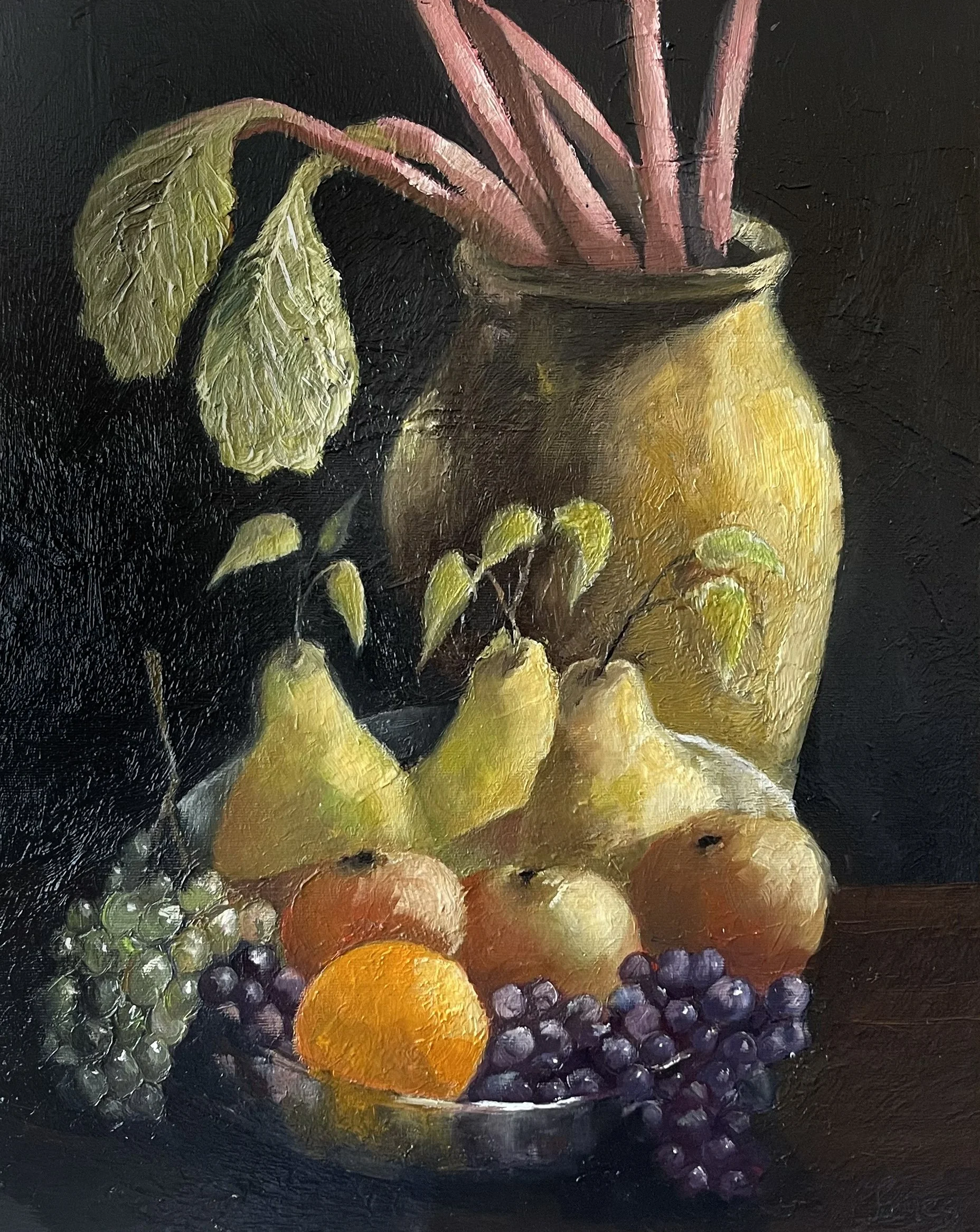 'Still Life with Fruit and Rhubarb'  /  Oils on canvas  /  50x42cm  /  £550