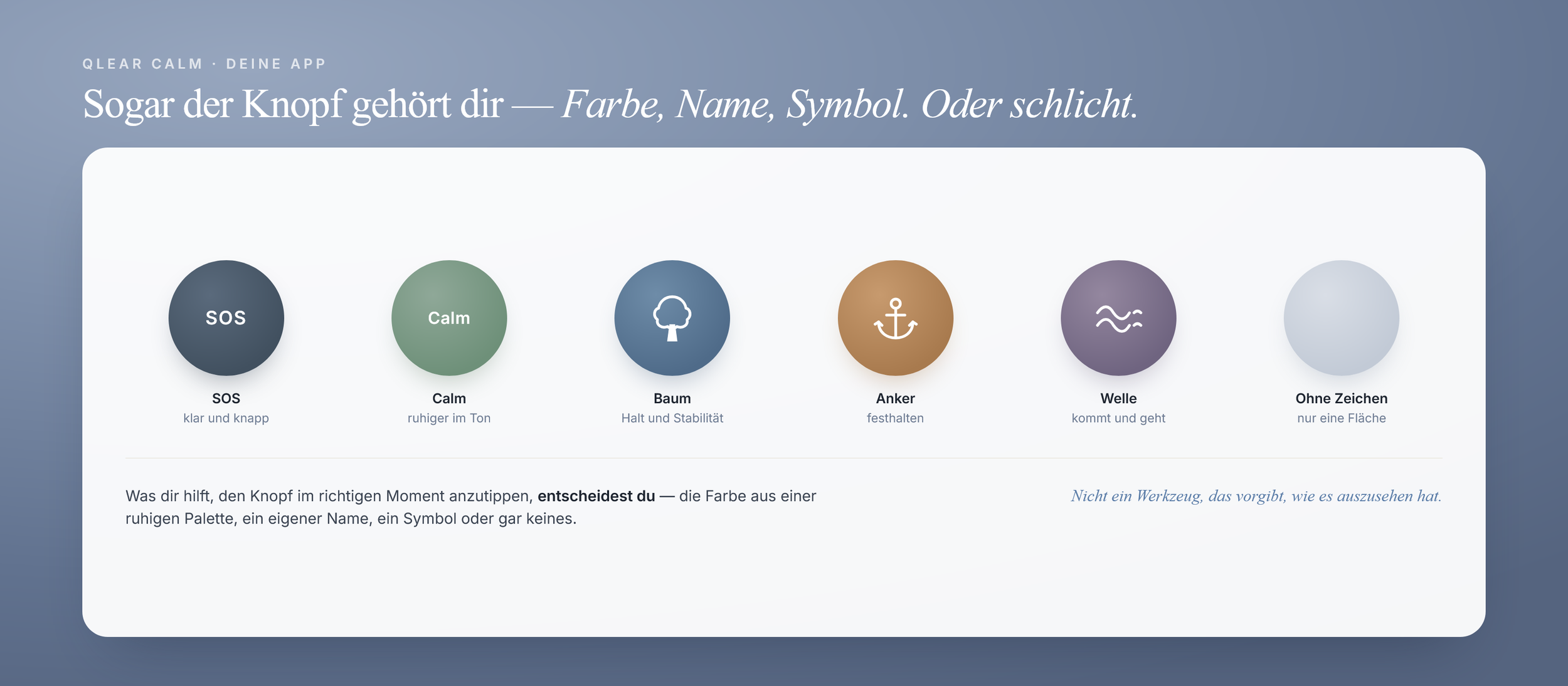 Sechs Gestaltungsvarianten des SOS-Knopfs nebeneinander: mit Beschriftung SOS oder Calm, mit Symbol wie Baum, Anker oder Welle, oder schlicht ohne Zeichen als reine Farbfläche.